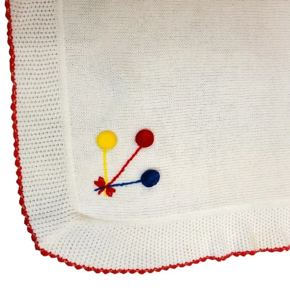 Vintage Yellow Bird White Knit Baby‎ Blanket Pom Balloons Acrylic 36x43